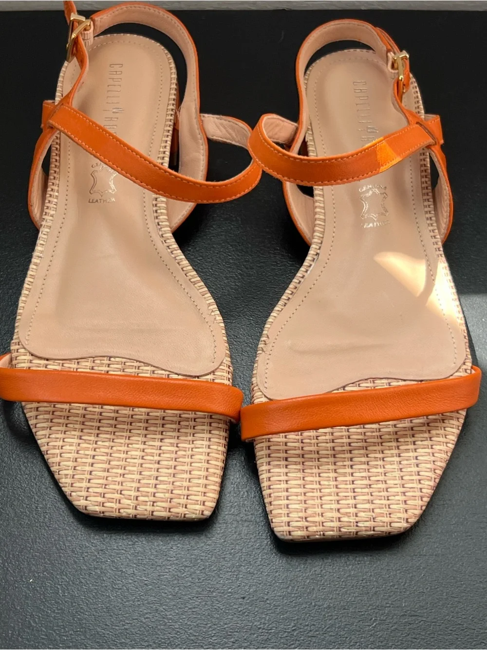 Orange Woven Toe Strap Sandals with Ankle Buckle